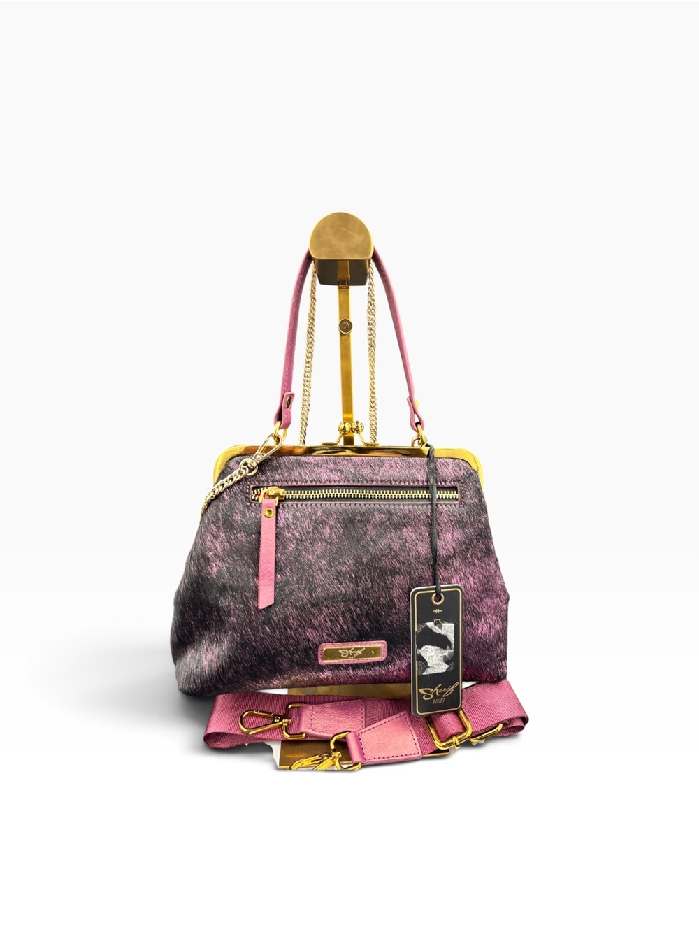 Sharif 1827 Purple Haircalf Kiss Lock Satchel Crossbody Bag Pink Gold - Picture 7 of 7